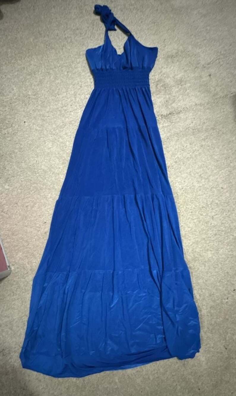 Blue Halter Maxi Dress Tiered Ruched Cinched Waist Long Flowy Boho